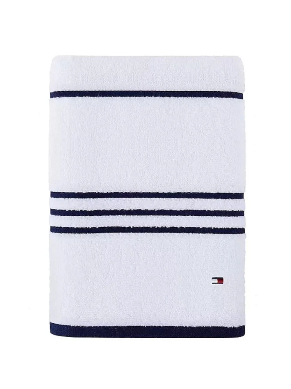 2 new Tommy Hilfiger American 90% Cotton BATH Towels = WHITE with BLACK STRIPES
